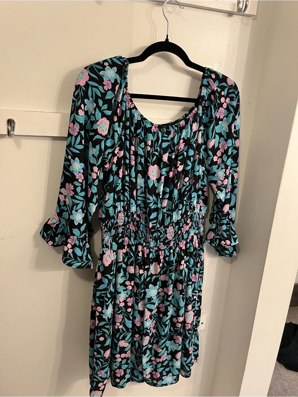 Emily Wonder Women's Black Floral Smocked Midi Dress with Pink & Teal Flowers - Picture 3 of 4